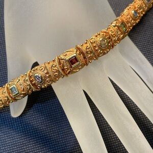 New 18k Yellow Gold Sterling Silver Gemstone Etruscan Art Deco Bracelet 7”